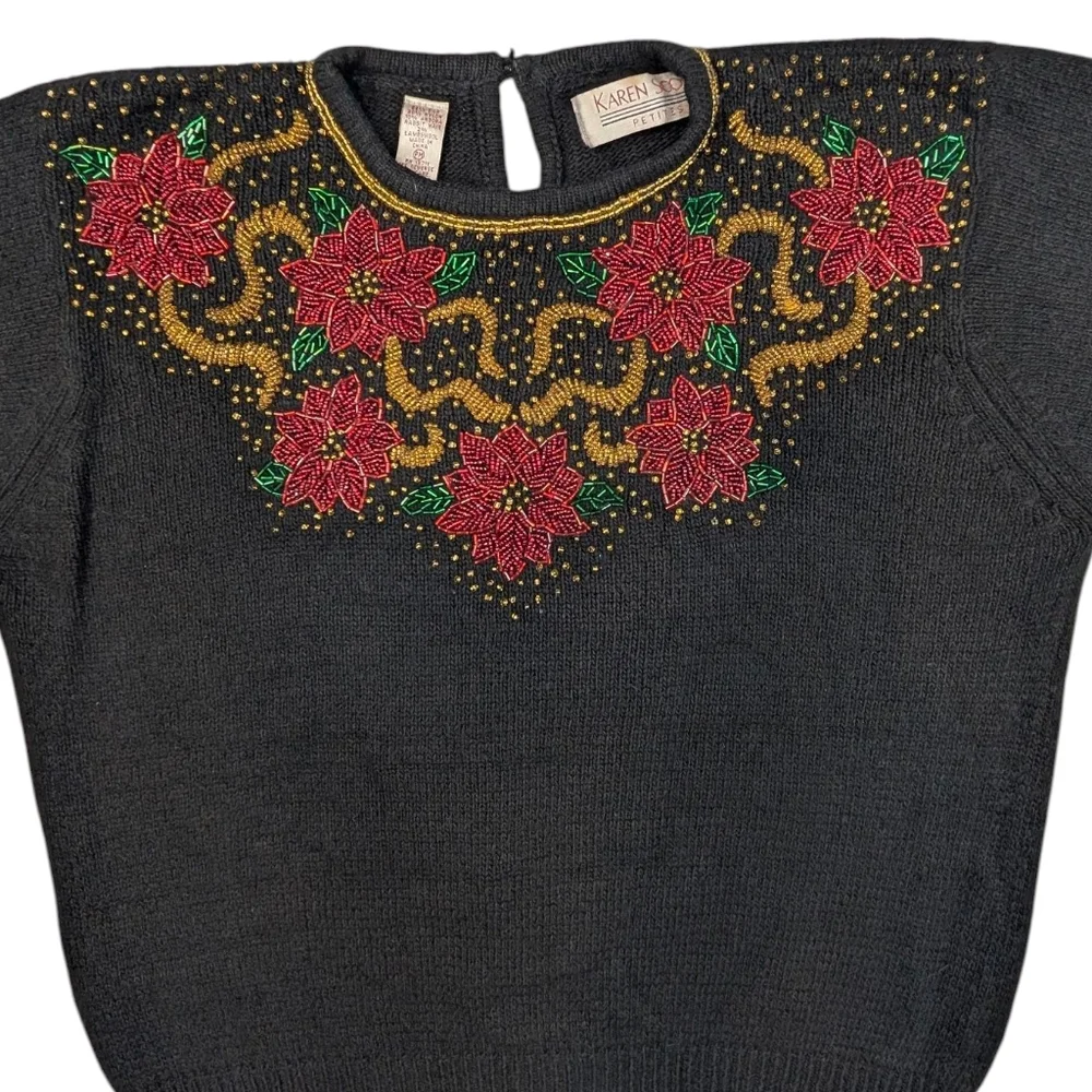Vintage Karin Scott Petites beaded poinsettia Silk/Angora/Wool sweater. PMedium